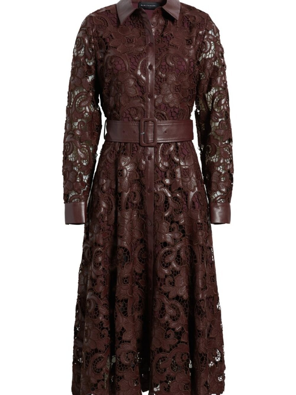 Elie Tahari Chayenne Long Sleeve Faux Leather & Lace Shirtdress - Picture 2 of 12